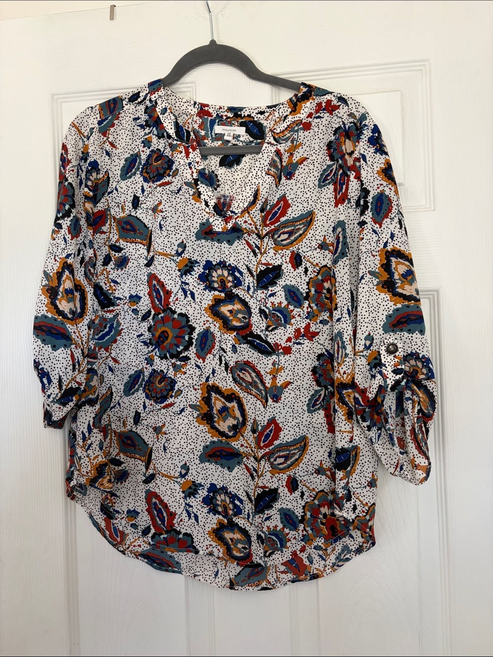 Maurices White Floral Print Skirt with Blue, Red, and Mustard Accents